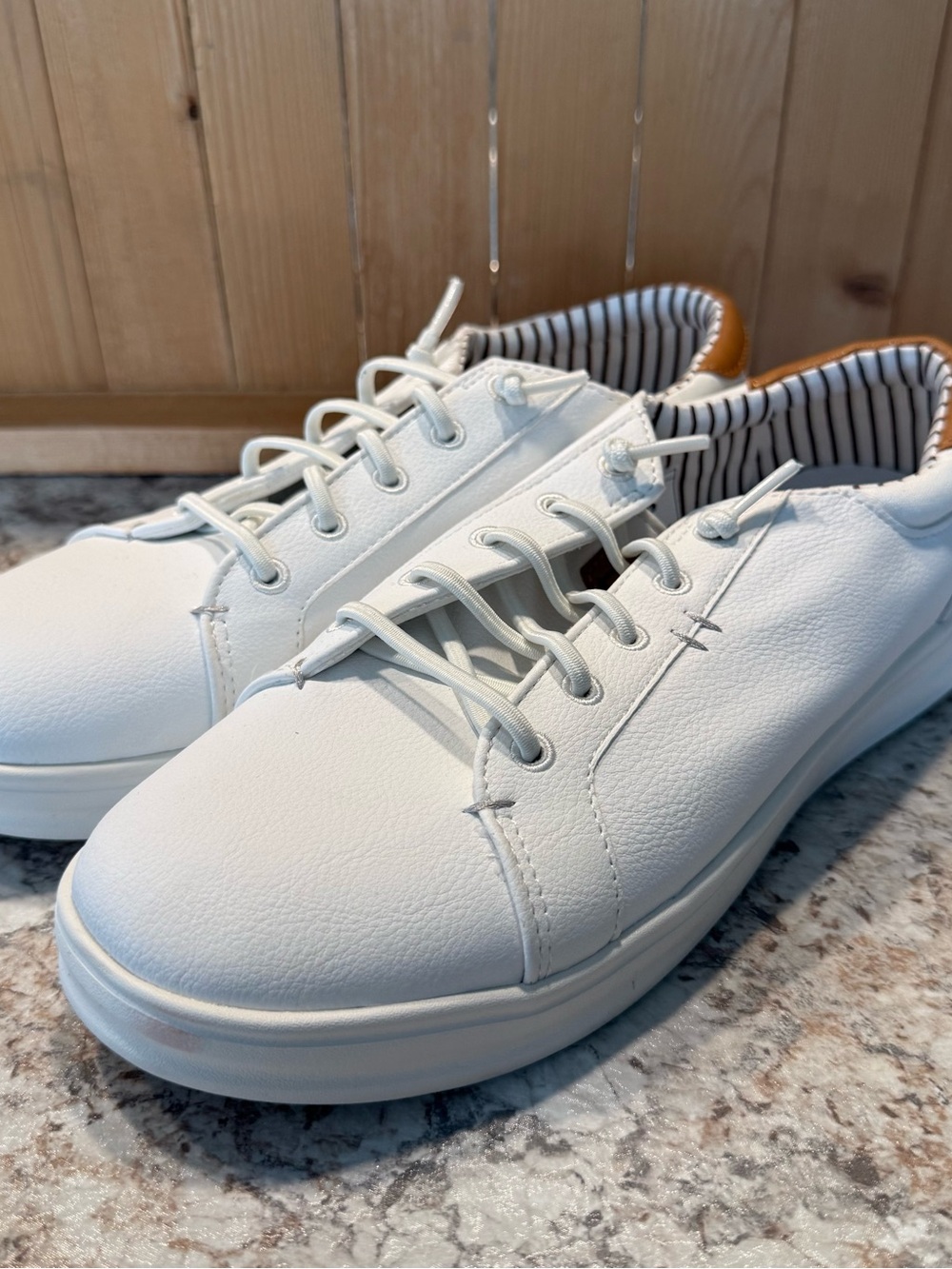 Hey Dude White Low-Top Lace-Up Sneakers with Tan Heel Accent